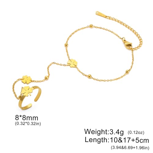 UNIFT Hand Chain Bracelets for Women Set Stainless Steel Adjustable Heart or Four-Leaf Clover Ring Chain Bracelet Trendy Dainty Jewelry Set Gifts - color: gold2