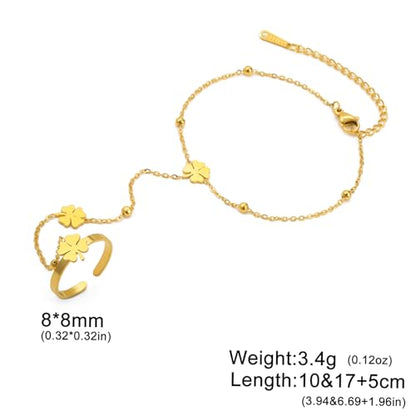 UNIFT Hand Chain Bracelets for Women Set Stainless Steel Adjustable Heart or Four-Leaf Clover Ring Chain Bracelet Trendy Dainty Jewelry Set Gifts - color: gold2