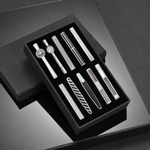 wynameleri Tie Pins for Men Silver Black 3 Pcs 10 PCS Short Tie Clip Set 2.3, 2.4 Inch Business Shirt Necktie Pinch for Men - color: T0310019