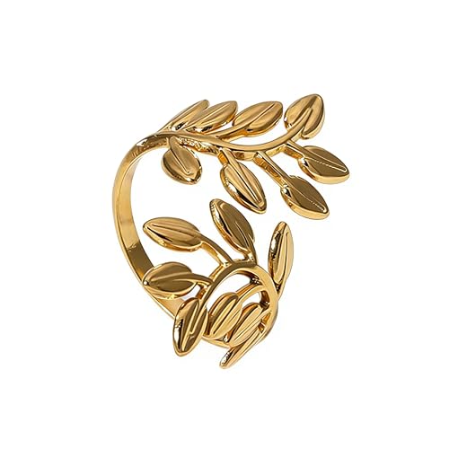 Stainless Steel Leaf Statement Ring for Women Laurel Branch Leaves Open Adjustable Band Fashion Finger Stacking Rings Birthday Party Jewelry Gifts Friendship - style: Leaves Gold
