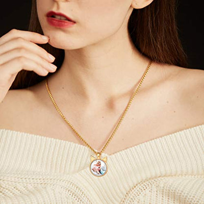 Custom4U Personalized Photo Necklace - Custom Heart/Oval/Round Charm Necklaces with Picture + Chain Adjustable - Stainless Steel/Acrylic Pendant Memorial Jewelry Christmas Gifts for Women - color: A-Gold Color