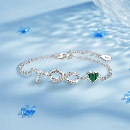 925 Sterling Silver Adjustable Letter Bracelets Infinity Heart Emerald Charm Link Bracelet ，Personalized Charm Alphabet Jewelry Valentines Christmas Mother’s Day Birthday Gifts - color: T