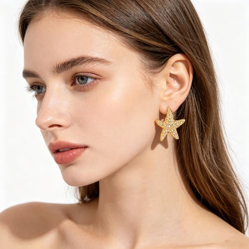 Gold Statement Earrings For Women, 14K Gold Plated Textured Geometric Drop Earrings - Hypoallergenic Stainless Steel Statement Earrings for Women, Waterproof Fan-Shaped Dangle Earrings for Beach & Daily Wear - color: Starfish CZ DKE252030GL
