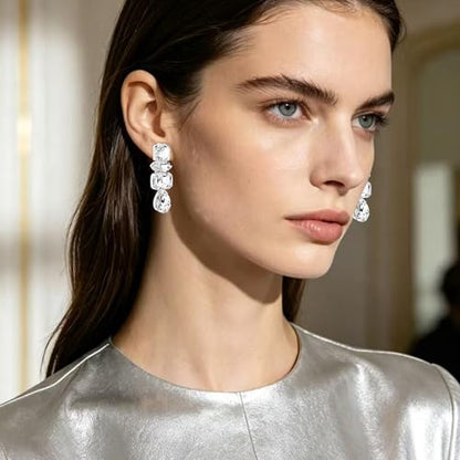 Dainty Sparkly Crystal Square Teardrop Circle Dangle Drop Earrings Long Chic Glitter Rhinestones Geometry Stud Earrings For Women - style: Silver White