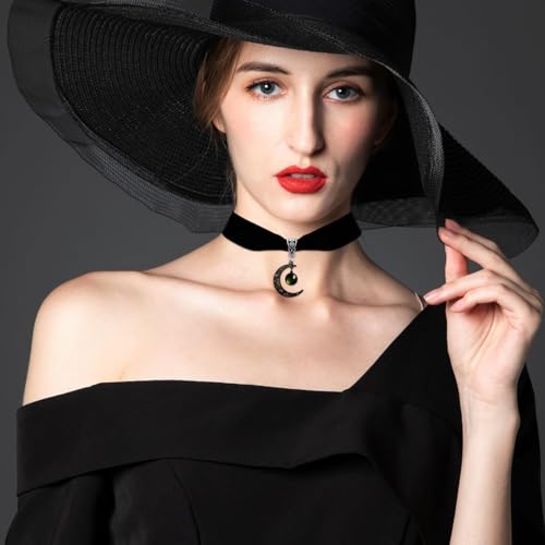 Gothic Black Velvet Goth Choker Necklace for Women,Cameo Black Choker Crow Skull Pendant Necklace Vintage Collar Skull Necklace Gothic Jewelry - style: Green moon