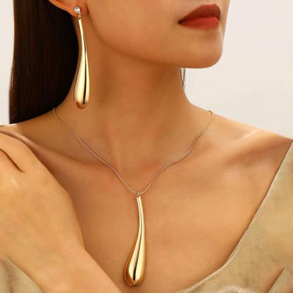 Round Teardrop Necklace Bracelet Ring Jewelry Set Gold Plated Chunky Statement Jewelry Set for Women Simple Elegant Jewelry - color: goldA