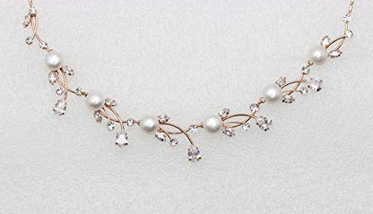 Faship Genuine 10mm Freshwater Pearls Floral Necklace Earrings Set | Premium CZ Crystal, Gorgeous, Sparkling - color: Clear/Rose Gold