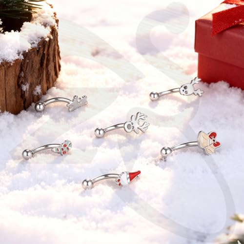 ZS 6Pcs Christmas Rook Piercing Jewelry, 16G Stainless Steel Eyebrow Piercing Jewelry, Santa Claus Elk Bell Eyebrow Rings, Curved Barbells Daith Rook Earrings for Women Men - size: L:10mm