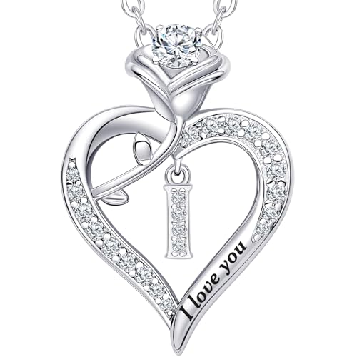 Rose Heart Pendant Necklace Gifts for Wife, Engraved 'I love you' Gift for Wife Girlfriend, Anniversary Birthday Eternity Jewelry Present for Women, Moissanite Necklace Gift for Her - style: I