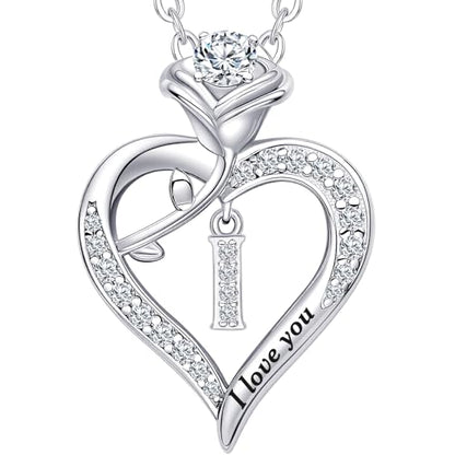 Rose Heart Pendant Necklace Gifts for Wife, Engraved 'I love you' Gift for Wife Girlfriend, Anniversary Birthday Eternity Jewelry Present for Women, Moissanite Necklace Gift for Her - style: I