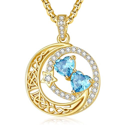 14K Gold Moon and Star Double Birthstone Necklace Gifts for Women | 2 Heart Birthstone Necklace,Mothers Day Wedding Anniversary Birthday Gifts for Wife Mom Daughter Grandma Sister - color: 03-03-Mar-Mar Birthstone