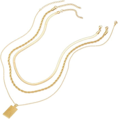 Evabelle Gold Layered Necklace for Women Trendy Jewelry 14K Real Gold Plated Chunky Chain Stackable Necklaces Dainty Choker Necklaces Rectangle Square Pendant - color: Gold Necklace 02