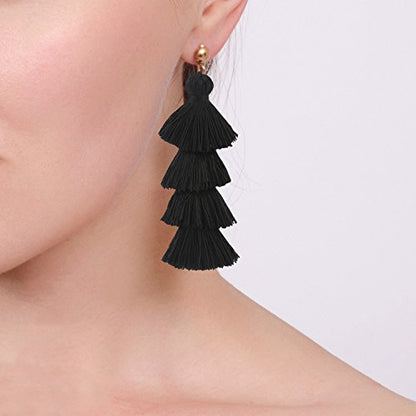 BaubleStar Bohemian Layered Tassel Drop Earrings for Women | Lightweight Statement Party Festival Jewelry - color: Black