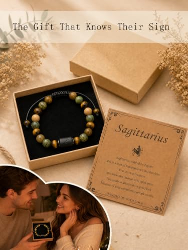 Zodiac Bracelet for Women and Men, Zodiac Sign Natural Stone Beaded Bracelet, Adjustable Horoscope Astrology Bracelet with Zodiac Card, Birthday Gift for Her Him - color: Sagittarius