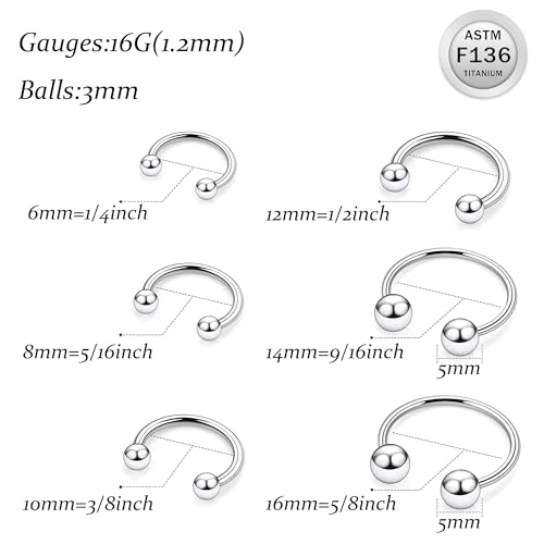 Ruifan 20G 18G 16G 14G 12G Horseshoe Nose Ring Titanium Septum Rings Piercing Jewelry Cartilage Conch Helix Rook Lip Tragus Earring Hoop Eyebrow Retainer For Women Men 6mm 8mm 10mm 12mm 14mm 16mm 19mm - size: Ball: 16G - 6MM