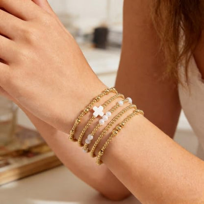 Dainty Gold Plated Pearl Crystal Beaded Bracelets Set for Women 14K Gold Plated Bead Pearl Beads Bracelet Stackable Paperclip Link Chain Bracelets Gold Plated Bracelets for Women Trendy Jewelry - color: Style4-gold bracelets set1