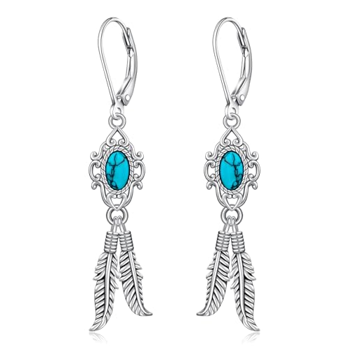 Turquoise Feather Dangle Earrings for Women Sterling Silver Turquoise Jewelry with Feather Dangling Western Chritmas Gifts for Women