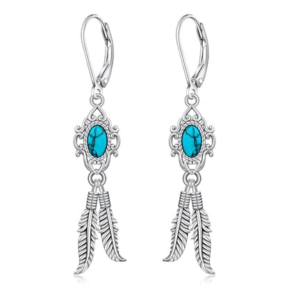 Turquoise Feather Dangle Earrings for Women Sterling Silver Turquoise Jewelry with Feather Dangling Western Chritmas Gifts for Women