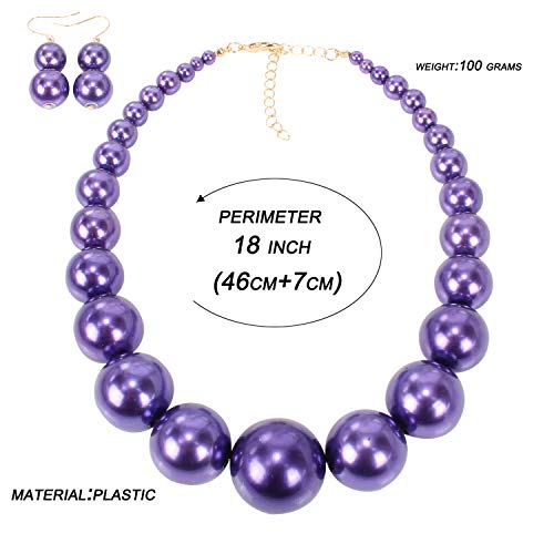Large Style Big Imitate Pearl Strand Choker Necklace With Earrings Set - color: purple
