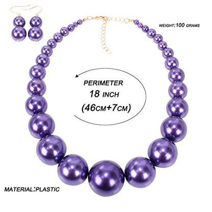 Large Style Big Imitate Pearl Strand Choker Necklace With Earrings Set - color: purple