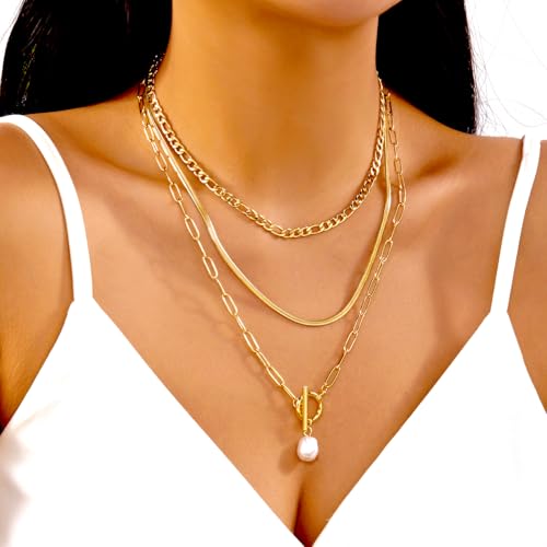 Gmai Layered Necklaces for Women Gold Plated 3/4/5 Piece Adjustable Stackable Necklace Set with Pearl Cross Coin Pendant Dainty Gold Silver Choker Chain Jewelry Gift for Her - style: Pearl 3PC