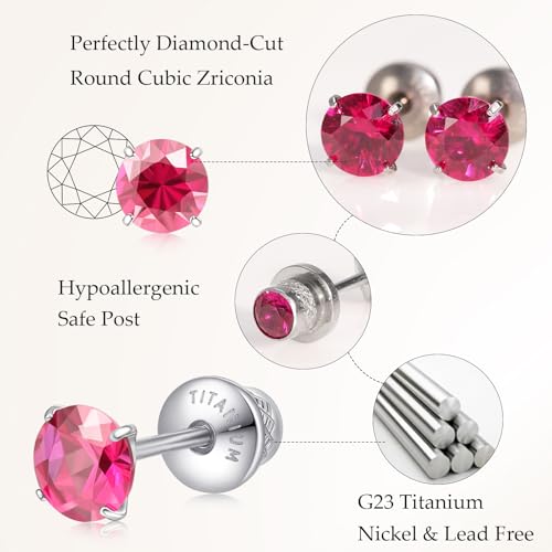 Limerencia Birthstone Screw Back Earrings G23 Implant Grade Titanium Stud Earrings Hypoallergenic Cubic Zirconia Posts Studs Jewelry Gifts for Girls Sensitive Ears - color: July
