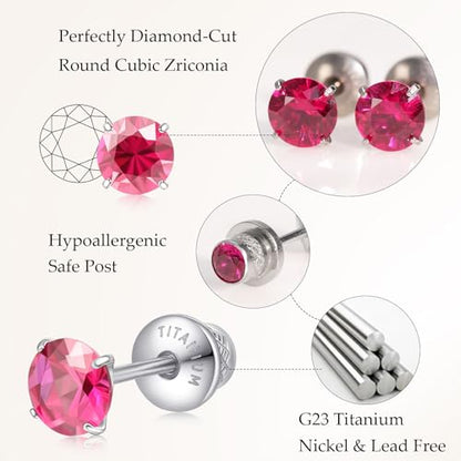 Limerencia Birthstone Screw Back Earrings G23 Implant Grade Titanium Stud Earrings Hypoallergenic Cubic Zirconia Posts Studs Jewelry Gifts for Girls Sensitive Ears - color: July