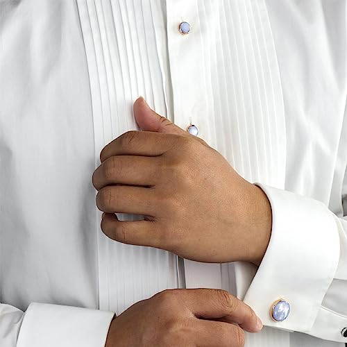 HAWSON Cufflinks and Tuxedo Studs Set for Men with Gift Box, Mother-of-Pearl Cuff links for French Cuff Shirt and Dress Shirt, Suitable for Wedding, Birthday, Party - style: Rose Gold & Blue Mother of Pearl