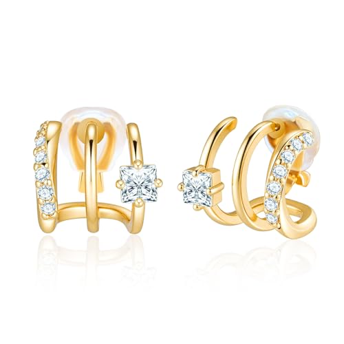 FAN&LOUIS Clip On Earrings Women, Gold Silver Triple Huggie Stud Clip-on Earrings Cubic Zirconia|Double Huggie Hoop Gold Hoop Earrings Clips for Women Trendy Lightweight - style: Gold