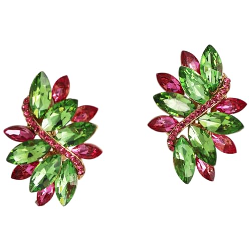 Rosemarie Collections Women's Dazzling Crystal Marquis Leaf Cluster Statement Clip On Earrings, 1.87" - style: Green With Pink Crystal Gold Tone