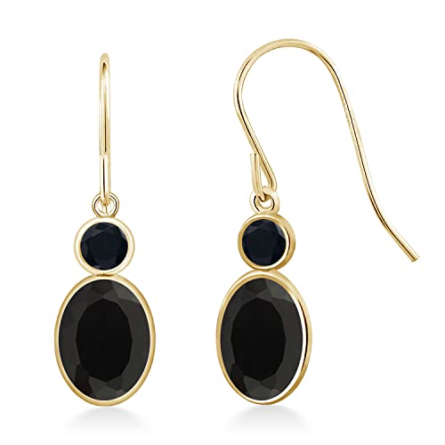 Gem Stone King 14K Yellow Gold Black Onyx Dangle Earrings For Women | 1.60 Cttw | Gemstone Birthstone | Oval 7X5MM | Round 3MM | Hook French Fish Ear Wire Fine Jewelry Gift for Women Mom Wife Her