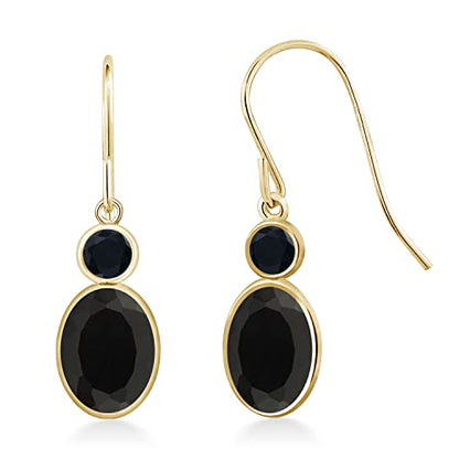 Gem Stone King 14K Yellow Gold Black Onyx Dangle Earrings For Women | 1.60 Cttw | Gemstone Birthstone | Oval 7X5MM | Round 3MM | Hook French Fish Ear Wire Fine Jewelry Gift for Women Mom Wife Her