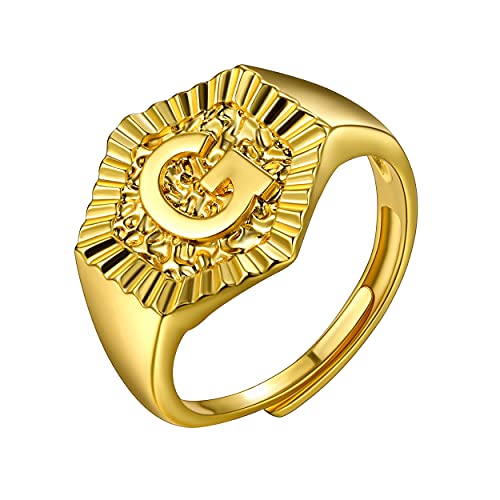 U7 Initial Ring Wedding Band for Men Women 18K Gold Plated Statement Hexagon A-Z Letter Jewelry Personalized Stackable Signet Rings - color: G