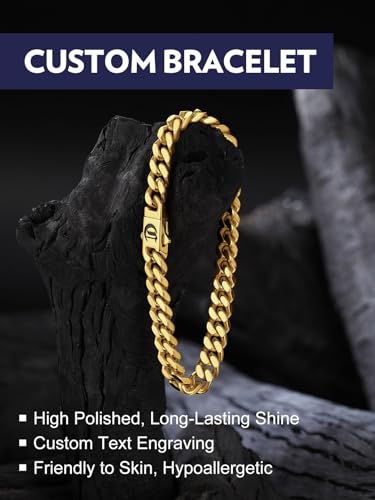 Bandmax Mens Hip Hop Cuban Link Bracelets 5/7/9/12MM Stainless Steel Miami Curb Chain Bracelet Silver/Gold Plated/Black Wristlet Chains for Men 7"-9" - color: 18 7MM Gold-Custom