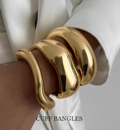 Chunky Gold Bangle Bracelets for Women, 14k Gold Plated Dainty Cuff Stackable Bangles Set, Trendy Bracelet Stack Fashion Jewelry Gifts - color: 01-GOLD-01