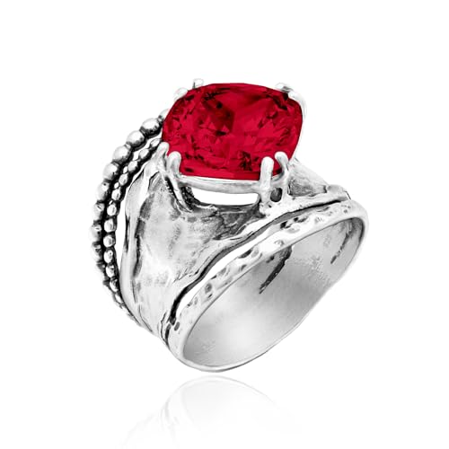 JEAN RACHEL JEWELRY 925 Sterling Silver Prong Solitaire Ring | Raised crown engagement style ring mounting a precision faceted brilliant Cubic Zirconia solitaire over stacked silver rows. - color: Ruby CZ