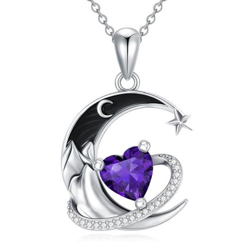 I Love You to the Moon and Back Necklace 925 Sterling Silver Black Crescent Moon Star Pendant with Heart Birthstone Necklace Anniversary Gothic Jewelry Gifts for Women Wife Lovers - color: 02-Feb-Amethyst