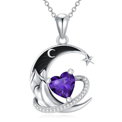 I Love You to the Moon and Back Necklace 925 Sterling Silver Black Crescent Moon Star Pendant with Heart Birthstone Necklace Anniversary Gothic Jewelry Gifts for Women Wife Lovers - color: 02-Feb-Amethyst