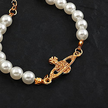 Dreuyet Saturn Pearl Necklace and Earrings Set Crystal Planet Earrings Dainty Artificial Pearl Choker Necklace Charm Gifts for Mum Wife Wedding Birthday Anniversary - color: Saturn Earrings Necklace Bracelet Gold