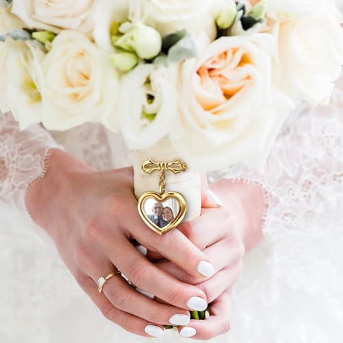 Personalized Photo Wedding Bouquet Charm, Double Sided Round Glass Photo Locket Pendant Pin Brooch, Handmade Memorial Picture Frame Bridal Shower Gift For Bride & Groom - color: Heart - Rose Gold