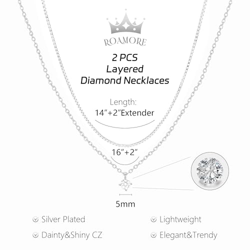 Layered Choker Necklace for Women Stackable Chain Dainty Zircon Pendant Set | 2PCS, Silver/14K Gold Plated, Box/Ball/Rope/Lip chain, Layering Diamond Cut CZ Pendant, Dainty Thin Chain, Trendy Prom Gift - color: Silver, style: Style 02
