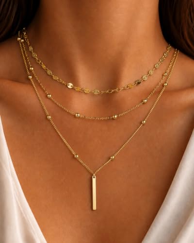 3 Pcs 14K Gold Plated Layered Gold Necklaces Stack for Women Pendant Set | Stackable Layering Design,Lightweight Fit,Tarnish-Resistant Finish,Adjustable Size,Less Tangling,Pretty Gift Jewelry - color: Gold Bar