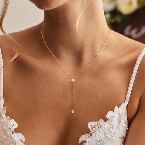 Long Necklaces for Women, Cute 14K Gold Plated CZ Drop Necklace | Dainty Gold Necklace, Simple CZ Teardrop Clover Y Shaped Lariat Necklace,Statement Non Tarnish Necklace, Trendy Gold Jewelry - color: Gold-Leaf Drop
