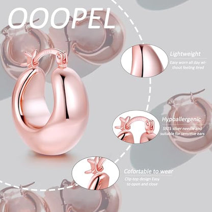 OOOPEL Gold Hoop Earrings for Women,925 Sterling Silver Chunky Hoop Earrings Hypoallergenic Lightweight 14K Gold Plated Thick Gold Hoops for Women 22mm 26mm - color: rose gold-22