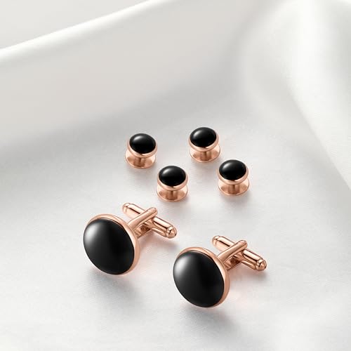 Men's Cufflinks & Tuxedo Studs Set - 316L Stainless Steel Formal Wedding Jewelry, Groomsmen Gift Set with Gift Box - color: 6pcs Black Rose Gold