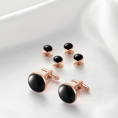 Men's Cufflinks & Tuxedo Studs Set - 316L Stainless Steel Formal Wedding Jewelry, Groomsmen Gift Set with Gift Box - color: 6pcs Black Rose Gold