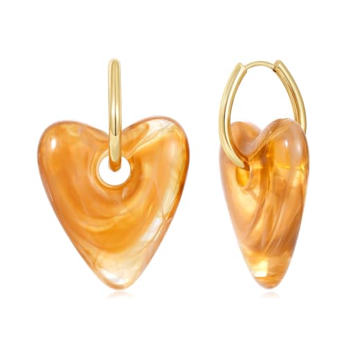KissYan Resin Heart Earrings for Women, 14K Gold Plated Hoops | Chunky Acrylic Dangle Earrings, Lightweight Vintage Statement Jewelry for Vacation, Summer, Party and Daily Wear - color: Amber Swirl
