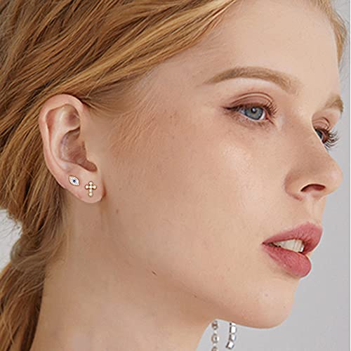 Cross Evil Eye Flower Love Heart CZ 16g Labret Cartilage Tragus Monroe Lip Nose Helix Studs Earrings Stainless Steel Cubic Zirconia Small Tiny Little Piercings Jewelry Gifts for Women Her Birthday Bff - style: gold