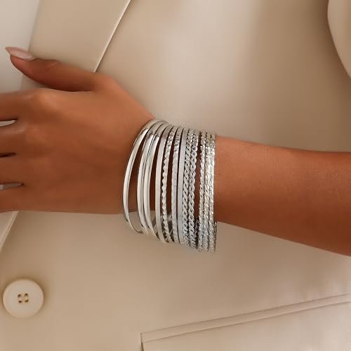 Gold Bangles for Women, 12 Pcs Boho Stackable Bracelets Multi Layer Textured Chunky Bracelets Jewelry Set for Women - color: Style A- 12 pcs silver