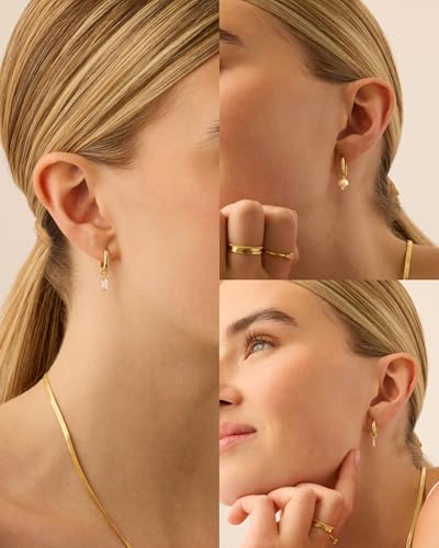PAVOI 14K Gold Plated Mix & Match Charms Dainty Huggie Earrings for Women | Hypoallergenic Earrings with 925 Sterling Silver Posts, Huggie Hoop Earrings with Motif Dangle Charms Pack - style: Pearl